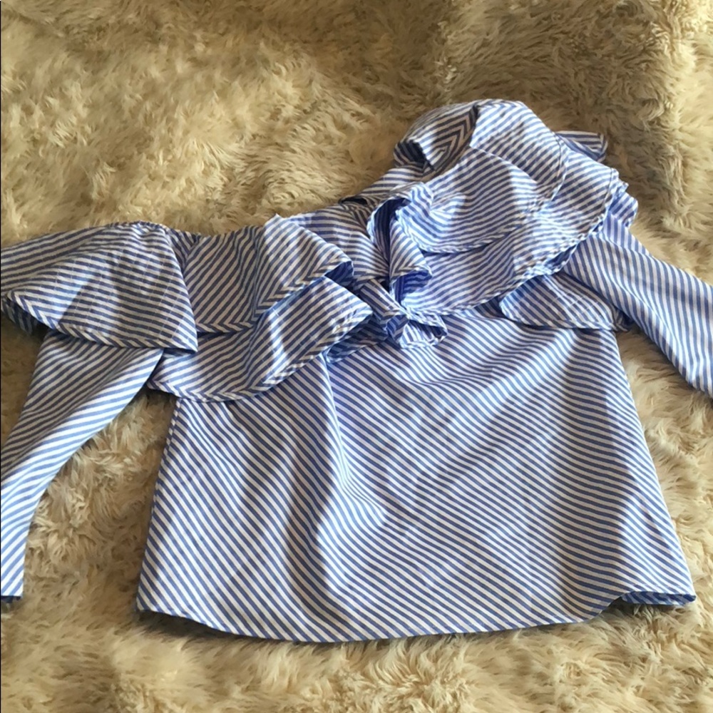 Blue and white striped one shoulder top